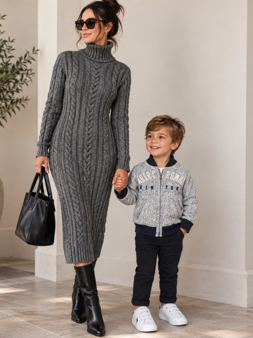 Cozy Winter Bundle Gray Cable Knit Midi Dress + Abercrombie Kids Sweater